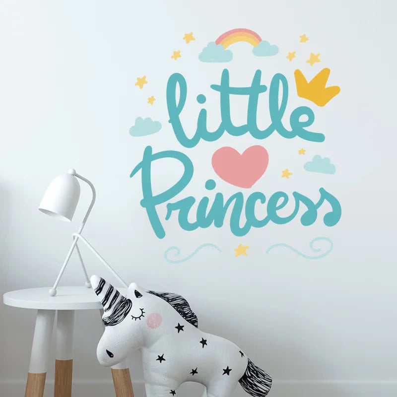 Decorative Tipi Tipi Tap Little Princess Crown and Heart wall decal with 'little Princess' text, rainbow, and stars in a child's room.