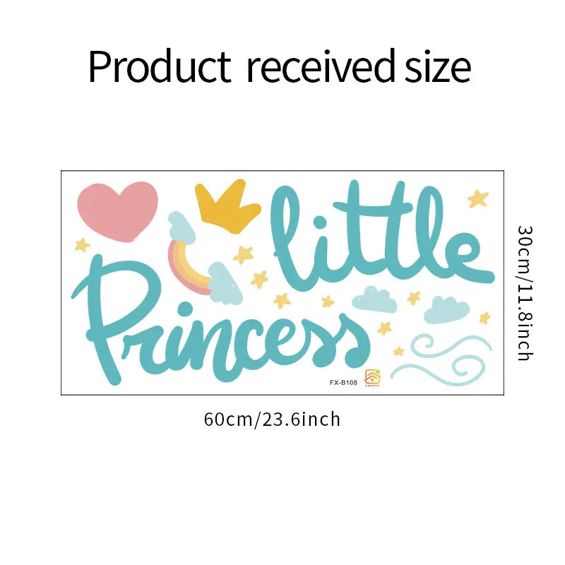 Measurement of Tipi Tipi Tap Little Princess Crown and Heart wall decal with 'little Princess' text and graphics on a white background.
