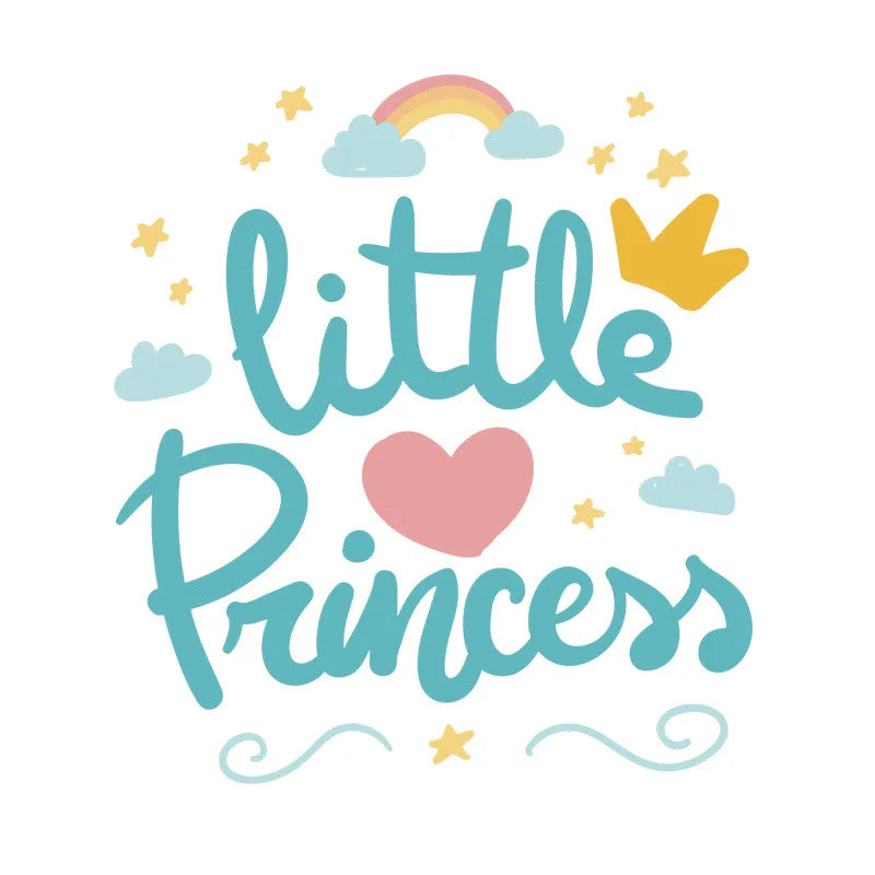 Tipi Tipi Tap Little Princess Crown and Heart wall decal comprising text 'little princess', a heart, crown, and rainbow on a white background.