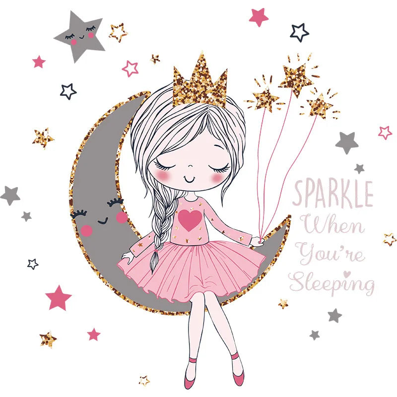 Illustration of a girl with a crown and pink dress on a moon, surrounded by stars and sparkles.