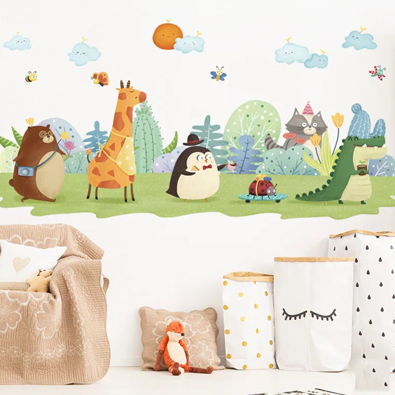 Children's room with Tipi Tipi Tap cartoon animal wall stickers on a white wall.