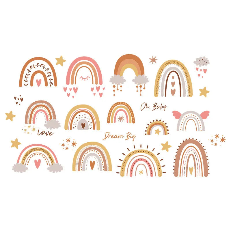 Collection of colorful rainbows with decorative elements on a white background