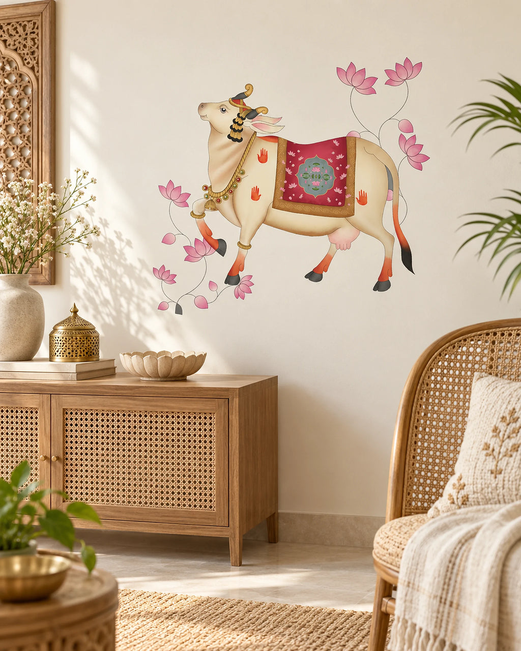 Tipi Tipi Tap Pichwai Art Gau Mata with Lotus Wall Sticker featuring a cream-colored cow with pink lotus flowers and a red patterned saddle blanket, shown applied to a beige wall in a styled room with a wooden cabinet, rattan chair, and plants.