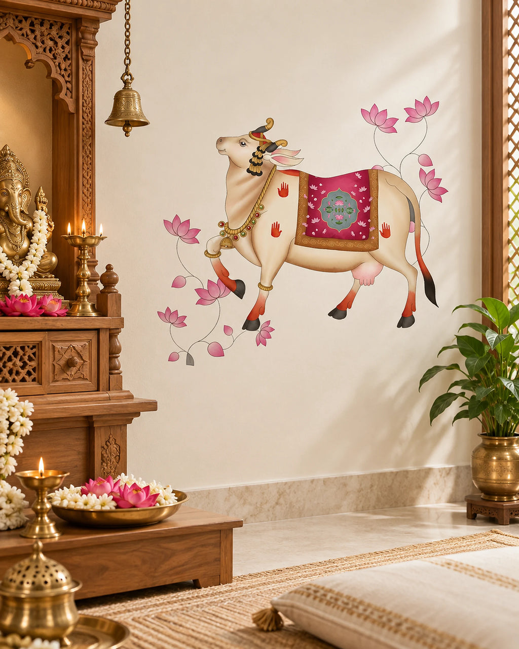 Tipi Tipi Tap Pichwai Art Gau Mata with Lotus Wall Sticker featuring a cream-colored cow with a pink and purple saddle and pink lotus flowers, shown applied to a beige wall in a styled traditional room with wooden furniture and brass accents.