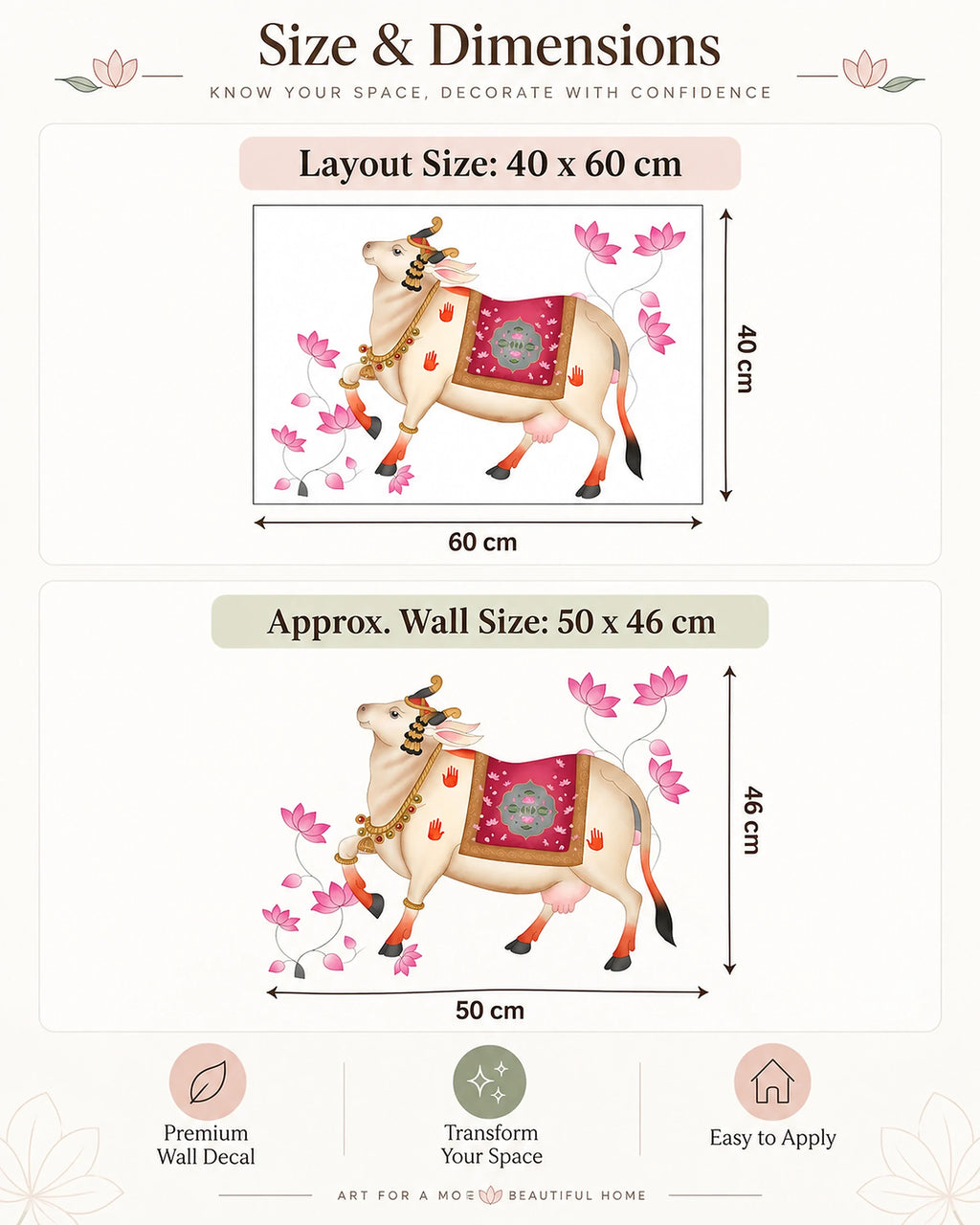 Size and dimensions chart for Tipi Tipi Tap Pichwai Art Gau Mata with Lotus Wall Sticker featuring a decorative cow illustration with pink flowers. The chart shows layout size as 40 x 60 cm and approximate wall size as 50 x 46 cm, with icons and text for premium wall decal, transform your space, and easy to apply.
