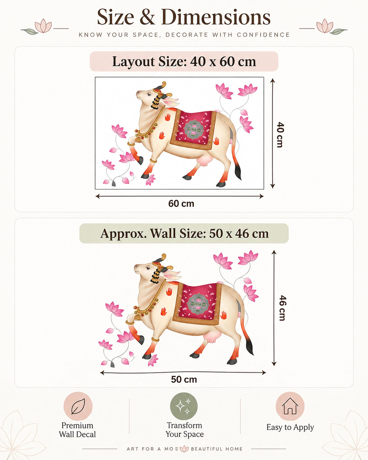 Size and dimensions chart for Tipi Tipi Tap Pichwai Art Gau Mata with Lotus Wall Sticker featuring a decorative cow illustration with pink flowers. The chart shows layout size as 40 x 60 cm and approximate wall size as 50 x 46 cm, with icons and text for premium wall decal, transform your space, and easy to apply.