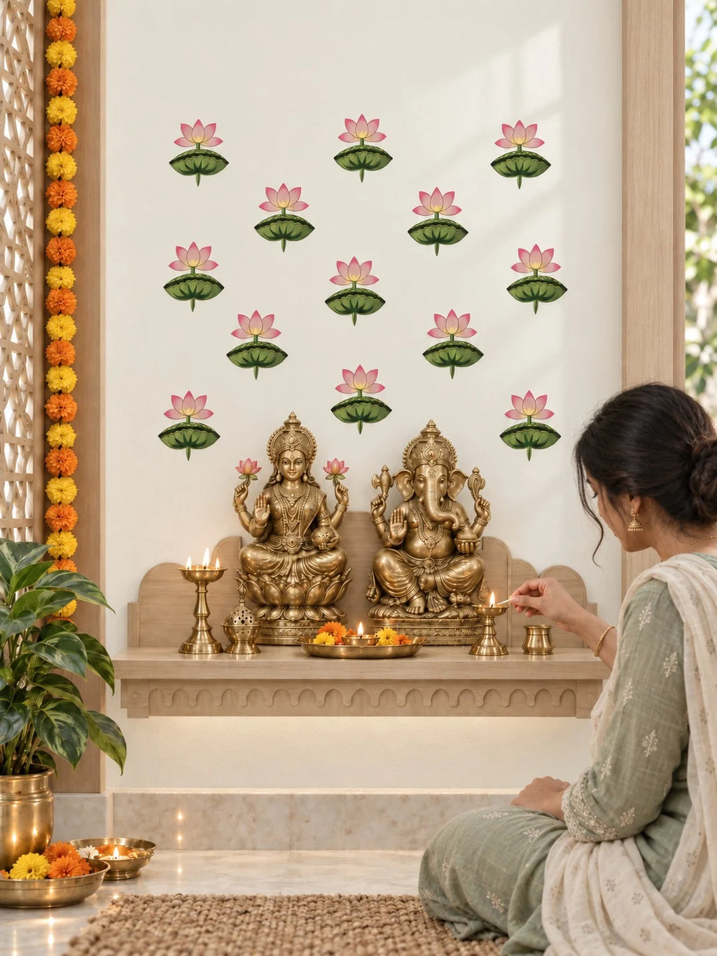 A woman in a light green salwar suit sits on the floor in front of a decorated Hindu altar, lighting oil lamps. The wall behind features Tipi Tipi Tap Pink Lotus Flower Wall Decals arranged symmetrically above two gold-colored statues of Lord Ganesha and Goddess Lakshmi.