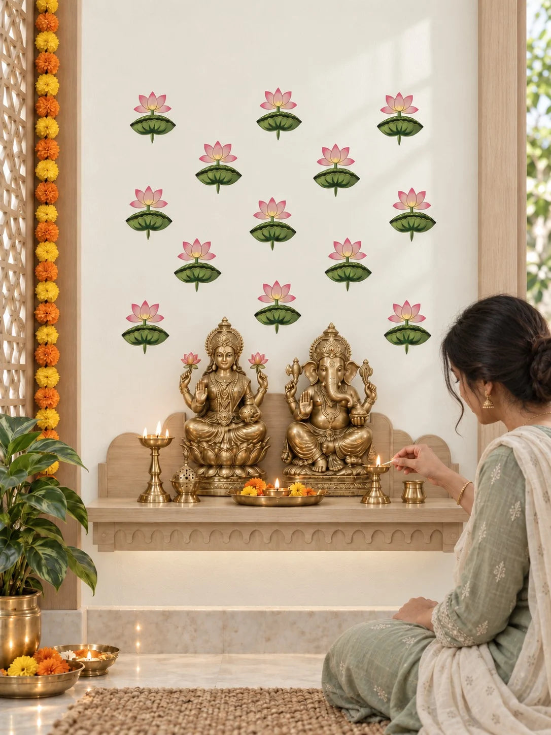 A woman in a light green salwar suit sits on the floor in front of a decorated Hindu altar, lighting oil lamps. The wall behind features Tipi Tipi Tap Pink Lotus Flower Wall Decals arranged symmetrically above two gold-colored statues of Lord Ganesha and Goddess Lakshmi.