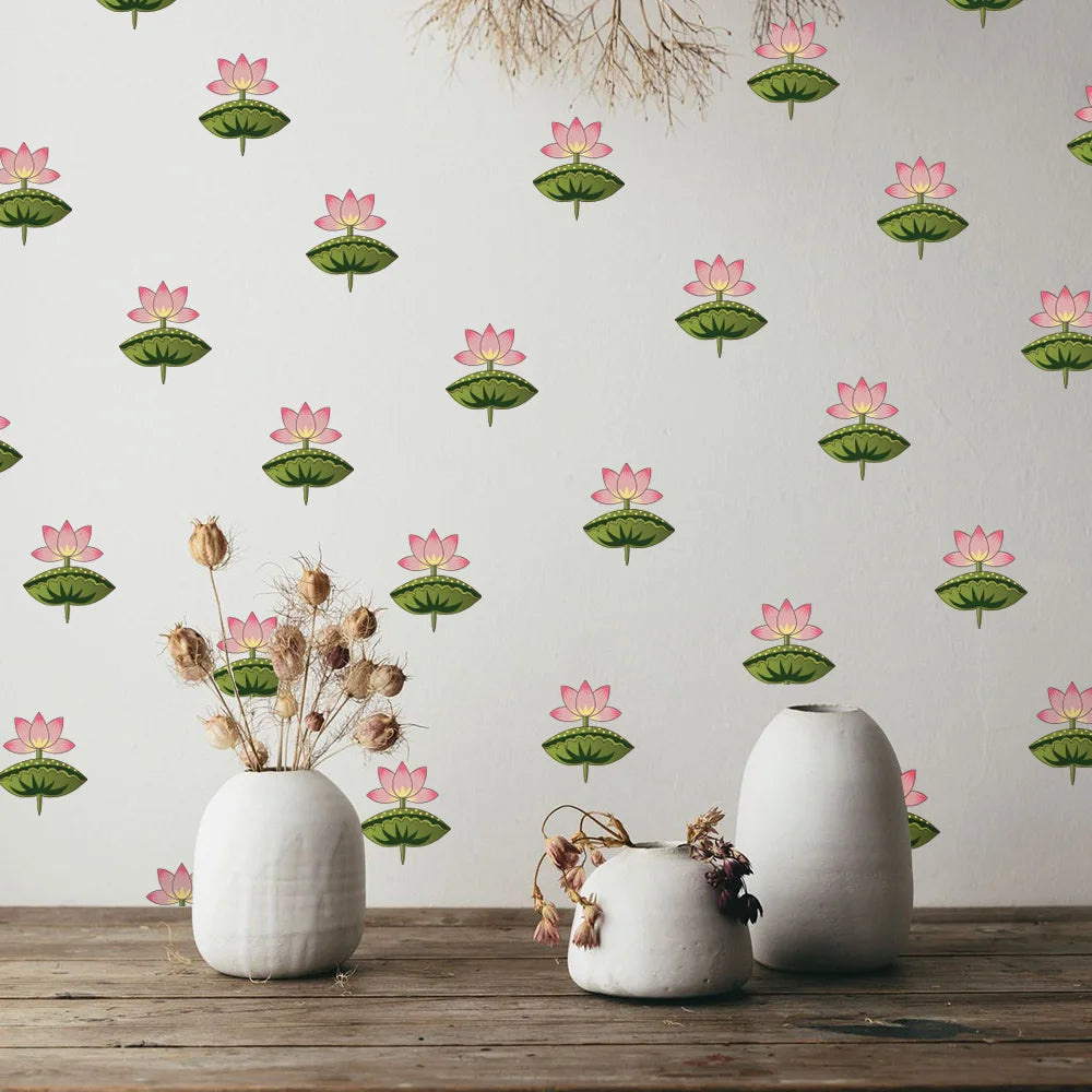 Tipi Tipi Tap Pink Lotus Flower Wall Stickers on a light wall, styled with three white ceramic vases on a rustic wooden table.
