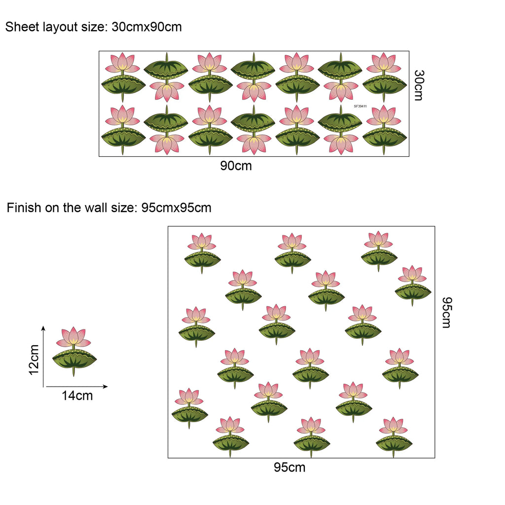 A product layout diagram showing a sheet of Tipi Tipi Tap Pink Lotus Flower Wall Stickers, with dimensions labeled for sheet layout size 30cm x 90cm and finish on the wall size 95cm x 95cm.