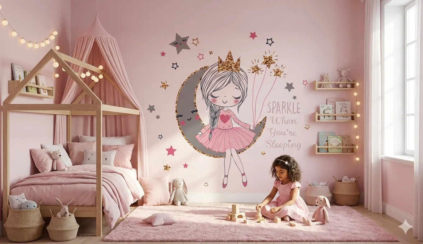 Children's bedroom with pink walls, toys, and a decorative wall sticker of a fairy.