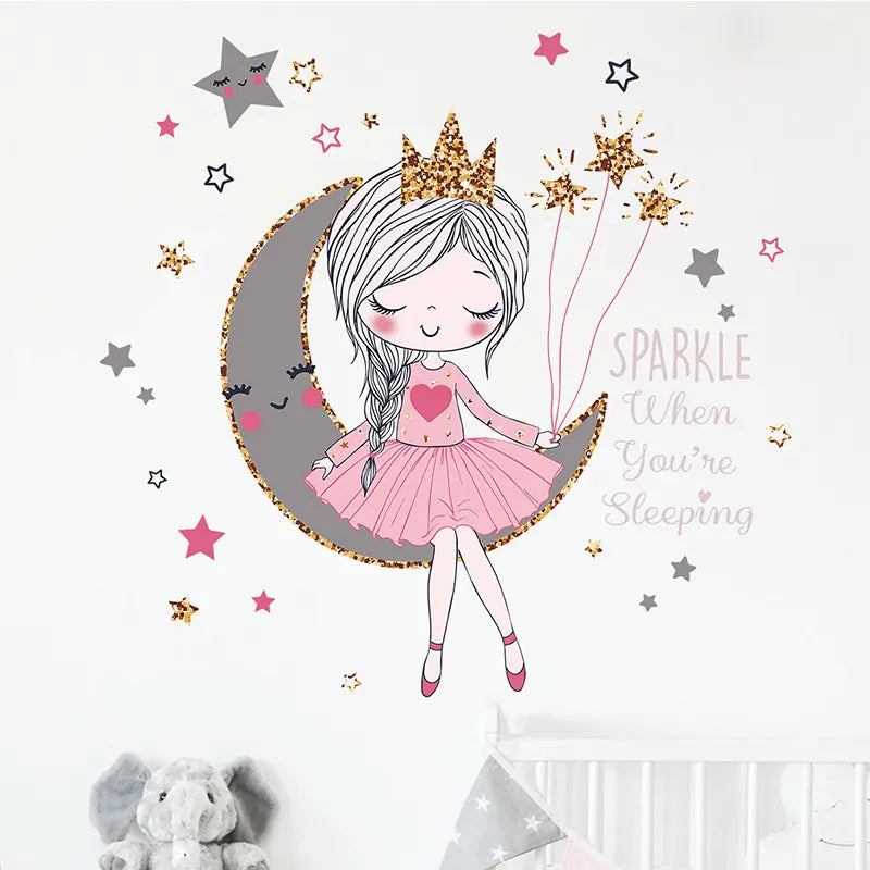 Wall decal of a princess on a moon with stars and sparkles, featuring text 'Sparkle When You're Sleeping'.