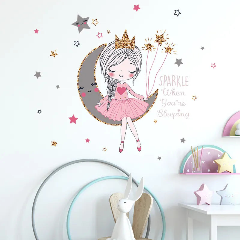 Wall decal of a girl on a moon with stars and text in a child's room.