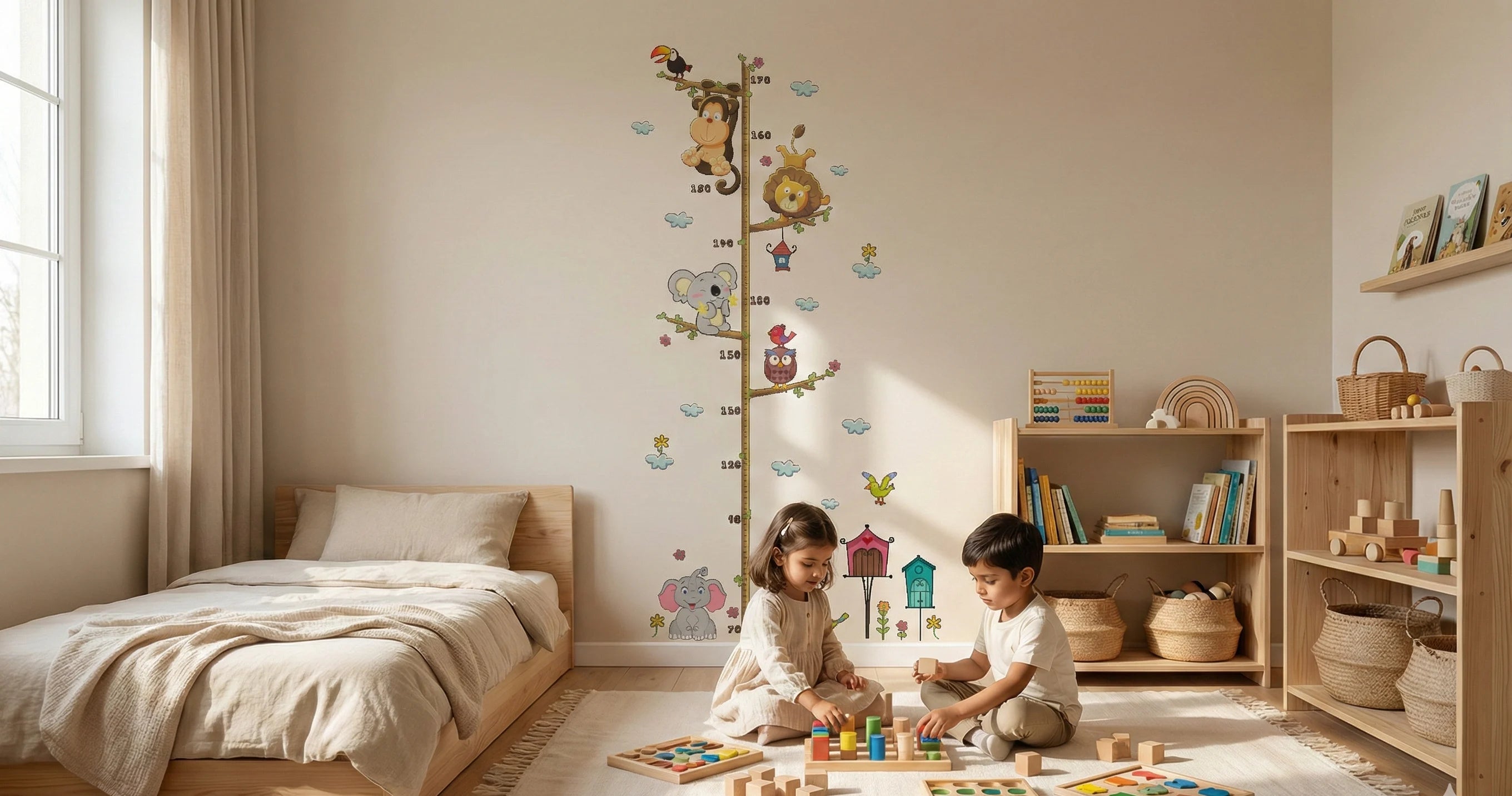 Children playing with toys in a room with a bed, shelves, and a growth chart.