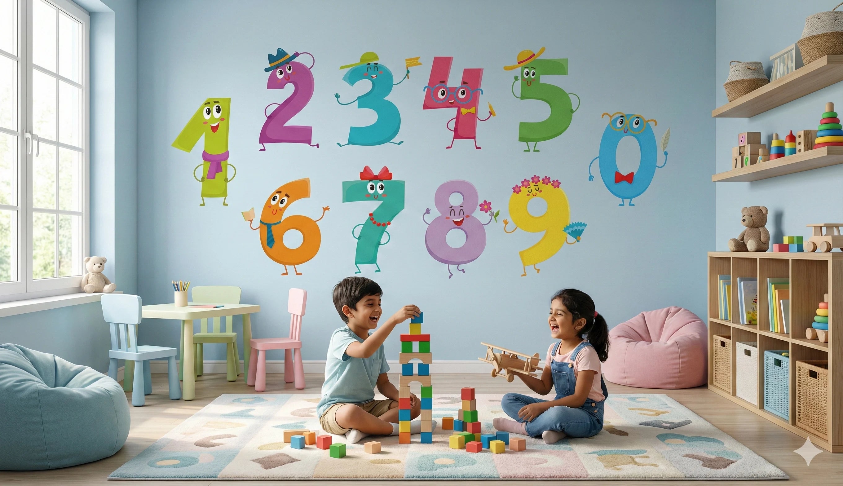 Children playing with toys in a room with colorful number wall decals.