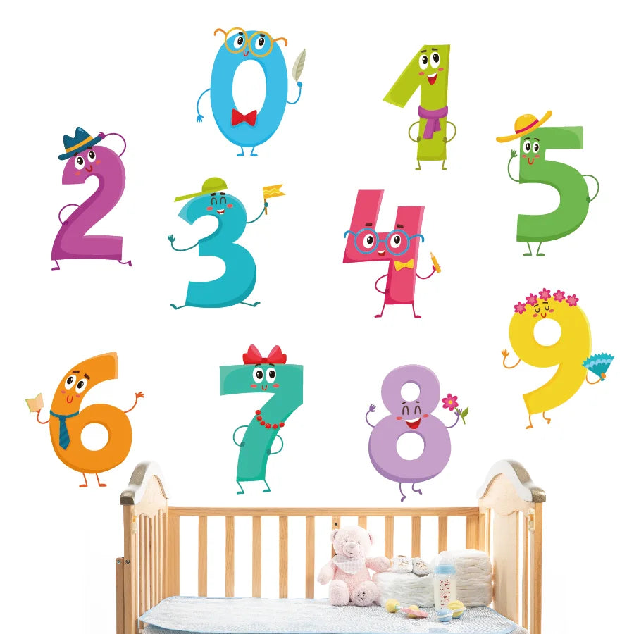 Pumkins Colorful cartoon numbers on a white background with a crib and toys below.