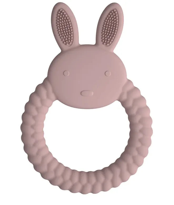 Pink Tipi Tipi Tap Rabbit Silicone Baby Teether on a white background