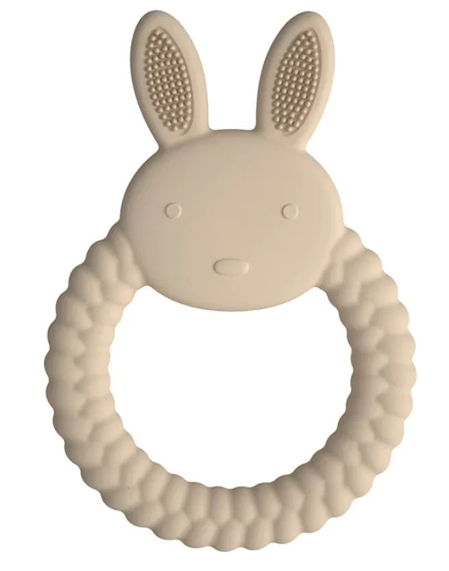Beige Tipi Tipi Tap Rabbit Silicone Baby Teether on a white background