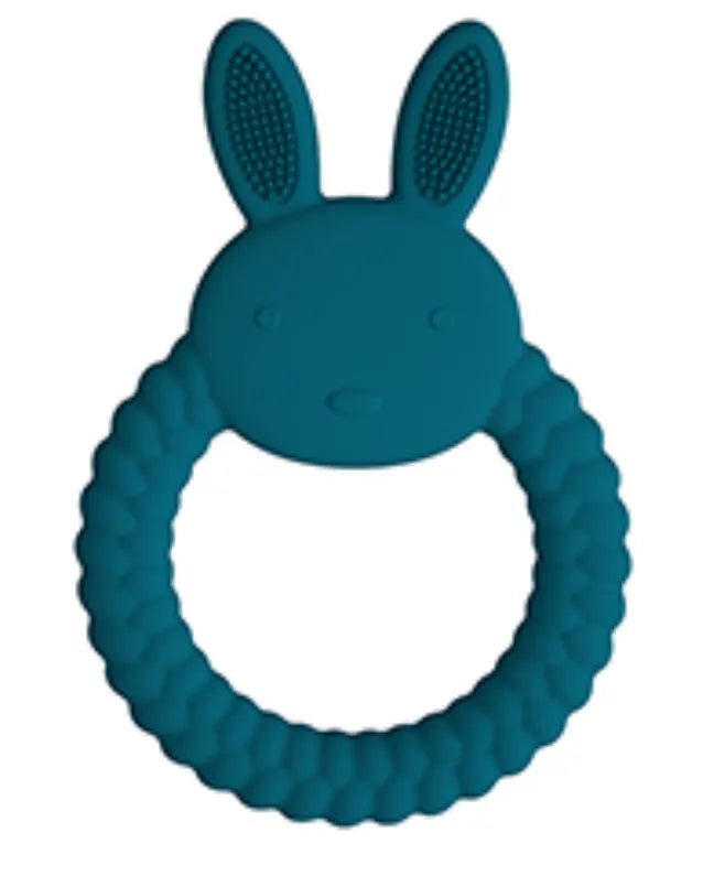 Blue Tipi Tipi Tap Rabbit Silicone Baby Teether on a white background