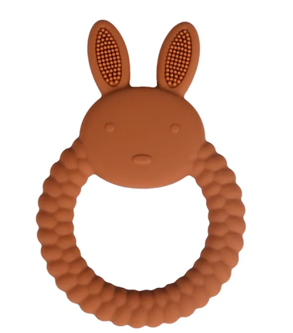 Brown Tipi Tipi Tap Rabbit Silicone Baby Teether on a white background