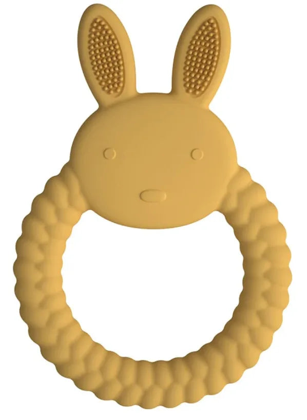 Gold color Tipi Tipi Tap Rabbit Silicone Baby Teether on a white background