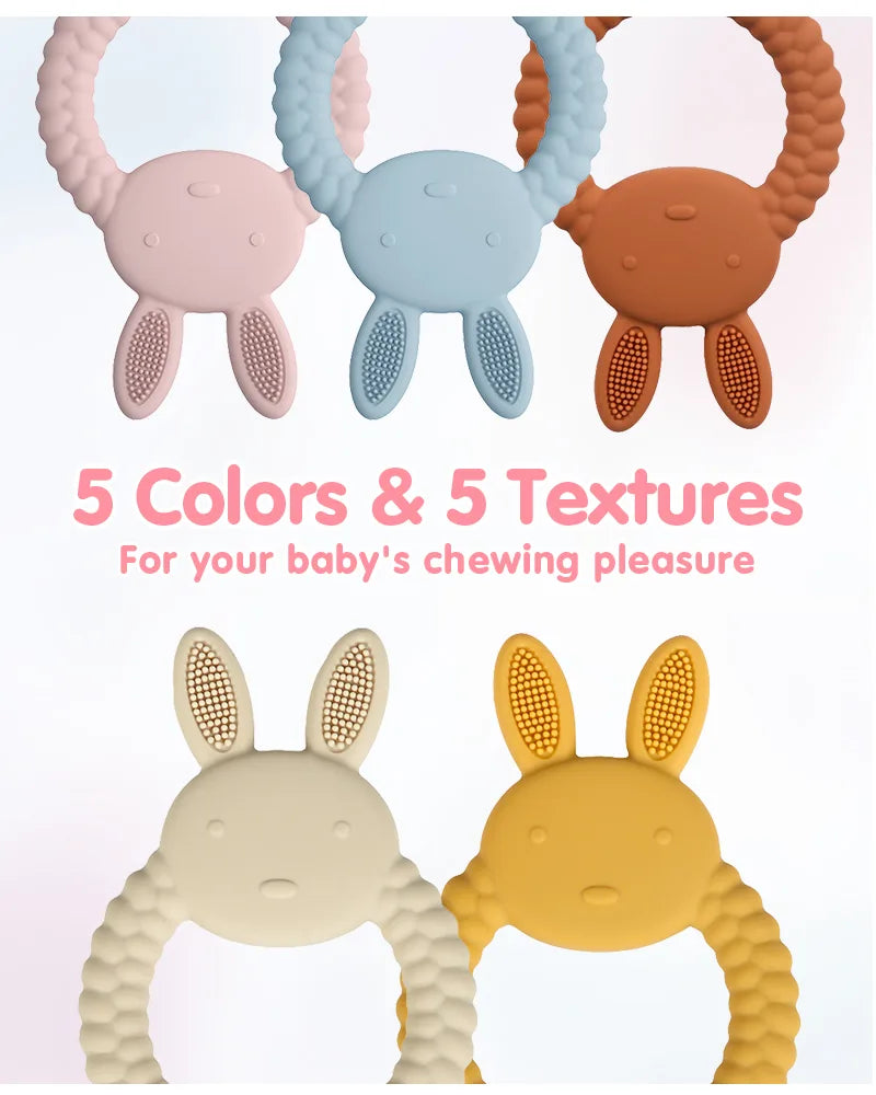 Set of five colorful Tipi Tipi Tap Rabbit Silicone Baby Teether toys with text highlighting color and texture options.