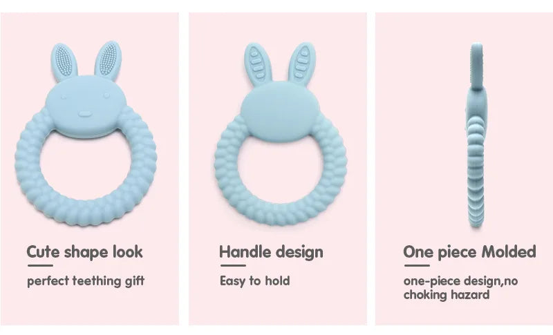 Blue Tipi Tipi Tap Rabbit Silicone Baby Teether on a pink background with text describing its features.