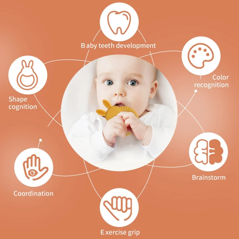 Baby with a Tipi Tipi Tap Rabbit Silicone Baby Teether surrounded by developmental icons on an orange background