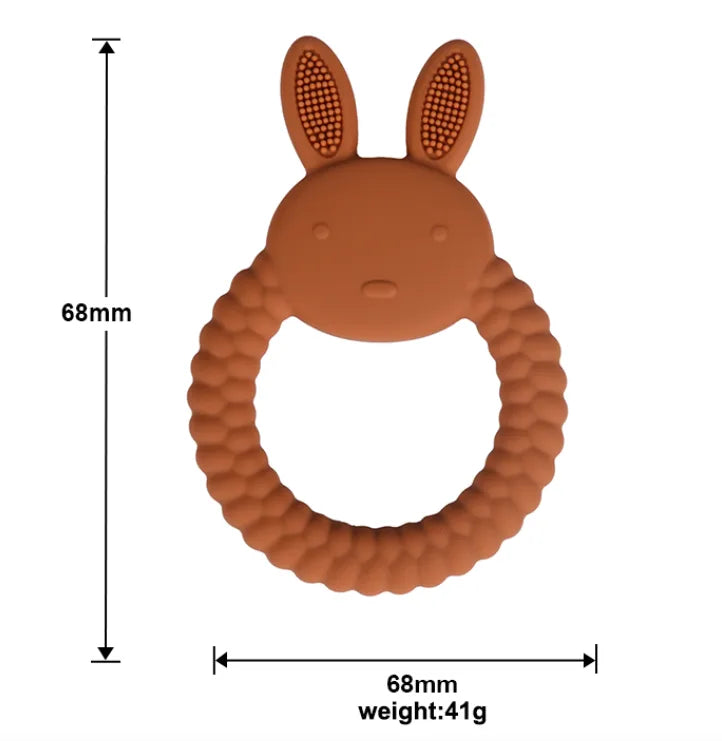 Brown Tipi Tipi Tap Rabbit Silicone Baby Teether with measurements on a white background