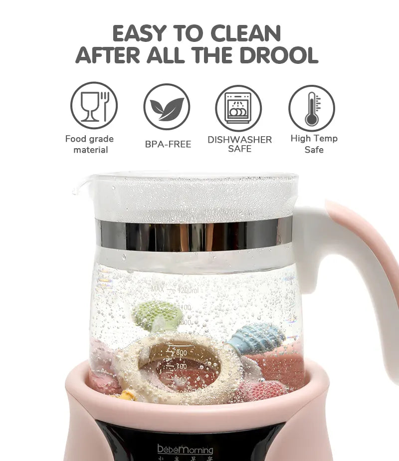 Electric sterilizer with Tipi Tipi Tap Rainbow Ring Silicone Baby Teether in it with text 'Easy to clean after all the drool' and icons indicating features like food-grade material, BPA-free, dishwasher safe, and high-temperature safe.