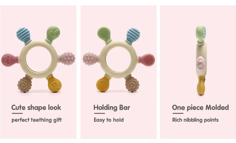 Tipi Tipi Tap Rainbow Ring Silicone Baby Teether toy with text about features and nibbling points on a pink background.