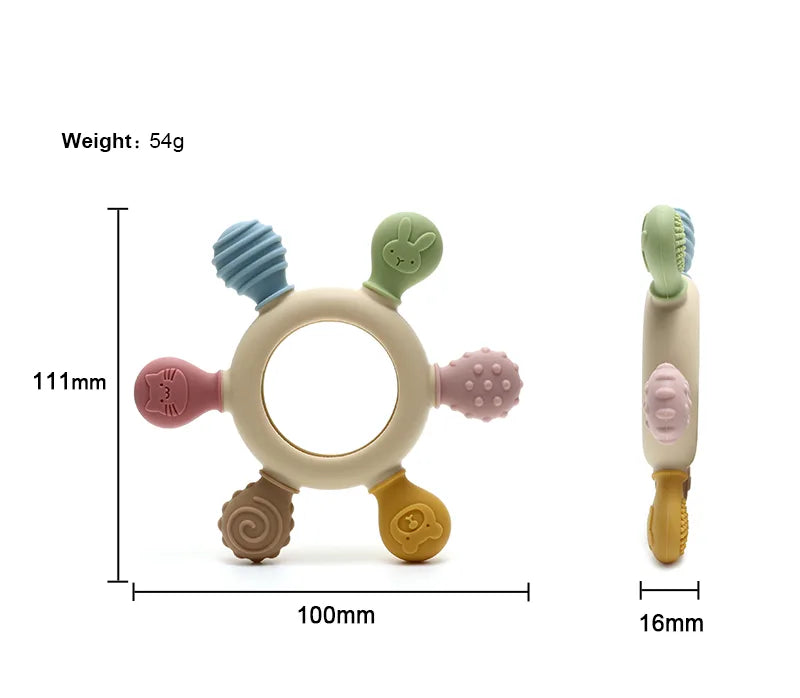 Tipi Tipi Tap Rainbow Ring Silicone Baby Teether with measurements and weight details on a white background