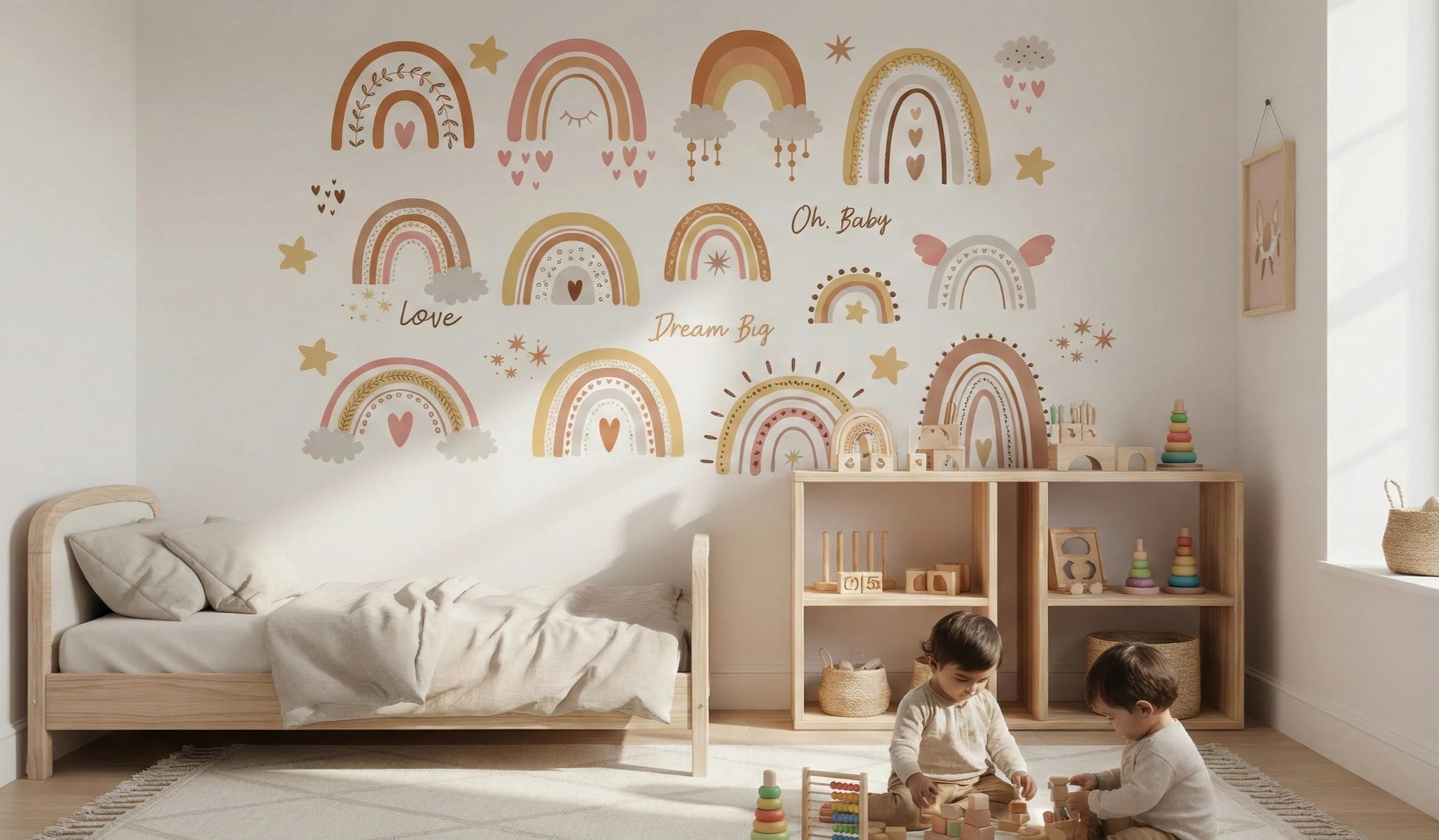 Children's room with rainbow wall decals and wooden furniture.