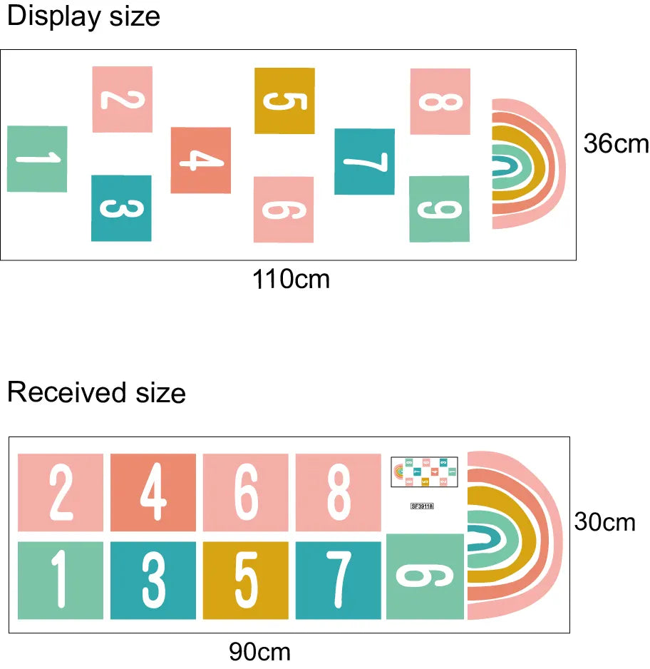 Comparison of display size and received size with Pumkins colorful numbers and a rainbow design.