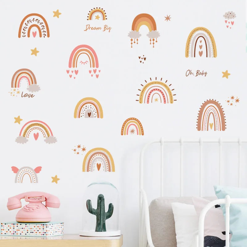 Wall with rainbow and cloud decals in a child's room
