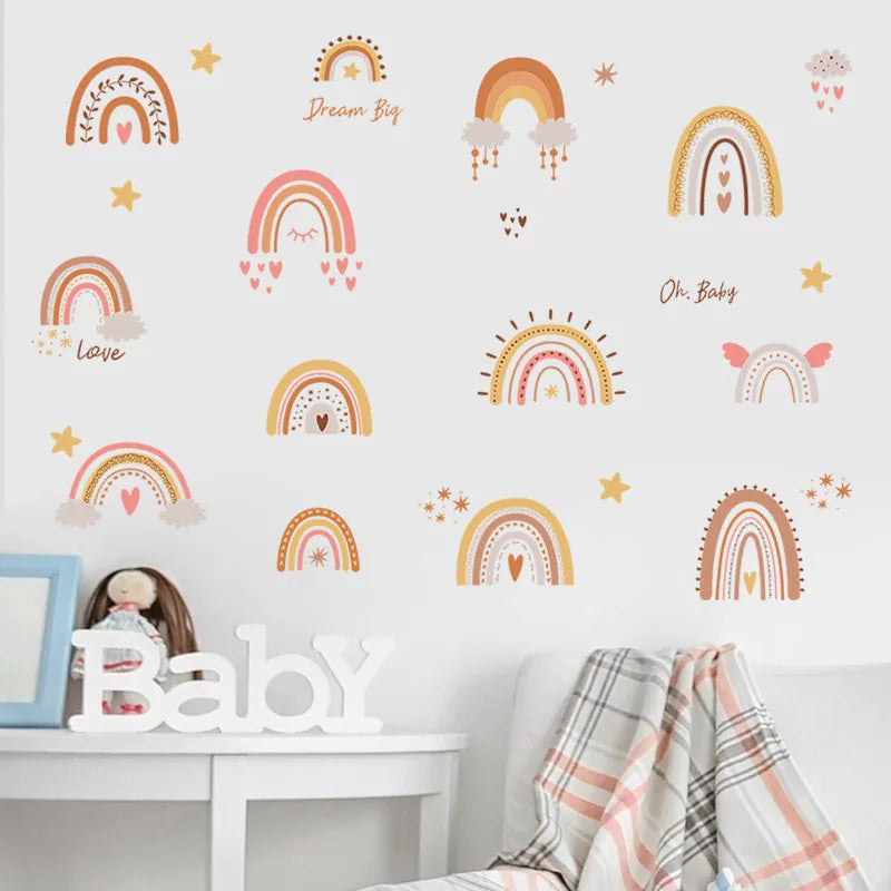 Wall with rainbow and cloud decals in a child's room