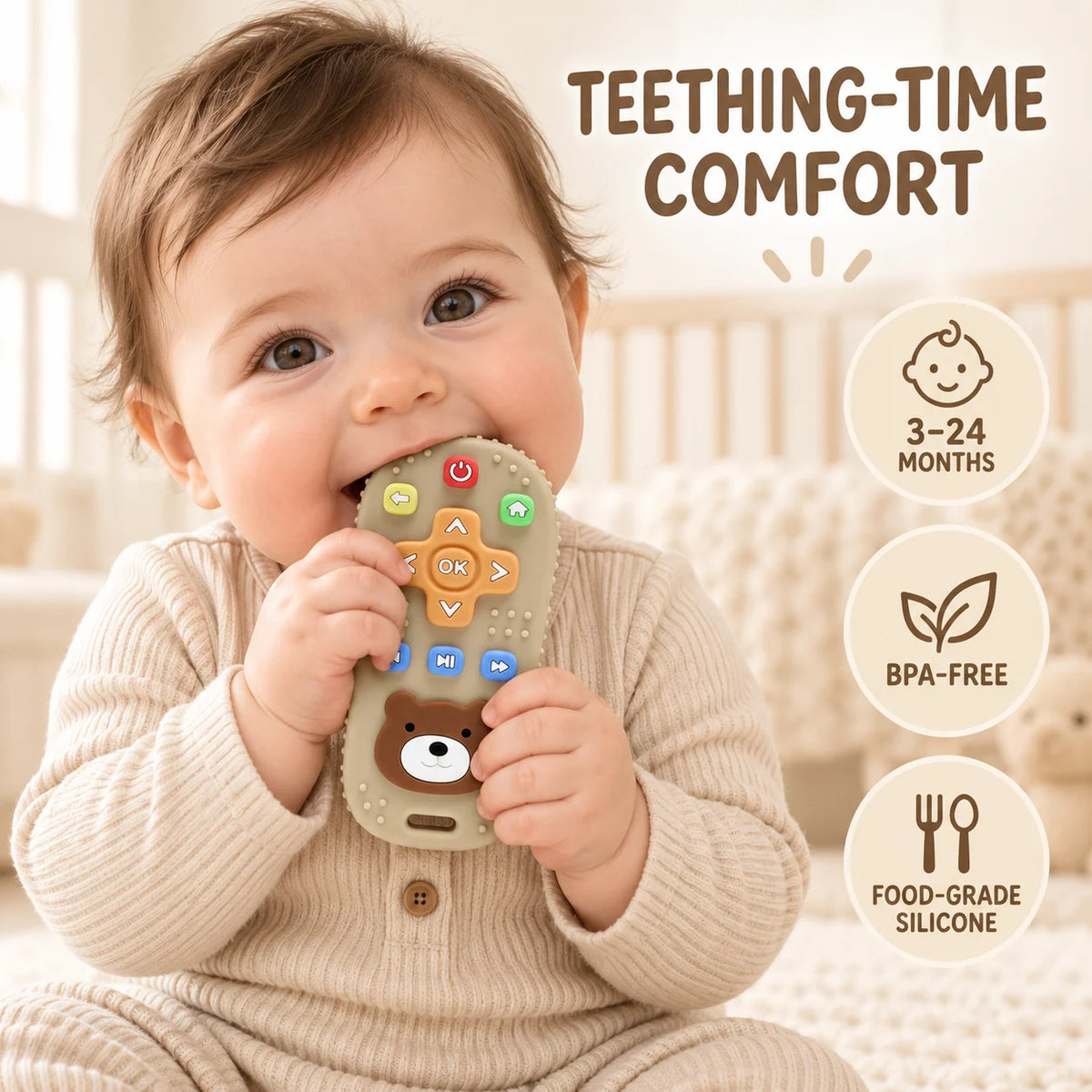 A baby wearing a beige knit outfit holds Tipi Tipi Tap Silicone Baby Remote Teether toy with a bear face and colorful buttons while chewing. The image includes text reading 'TEETHING-TIME COMFORT' and three circular callouts for age 3-24 months, BPA-free, and food-grade silicone.