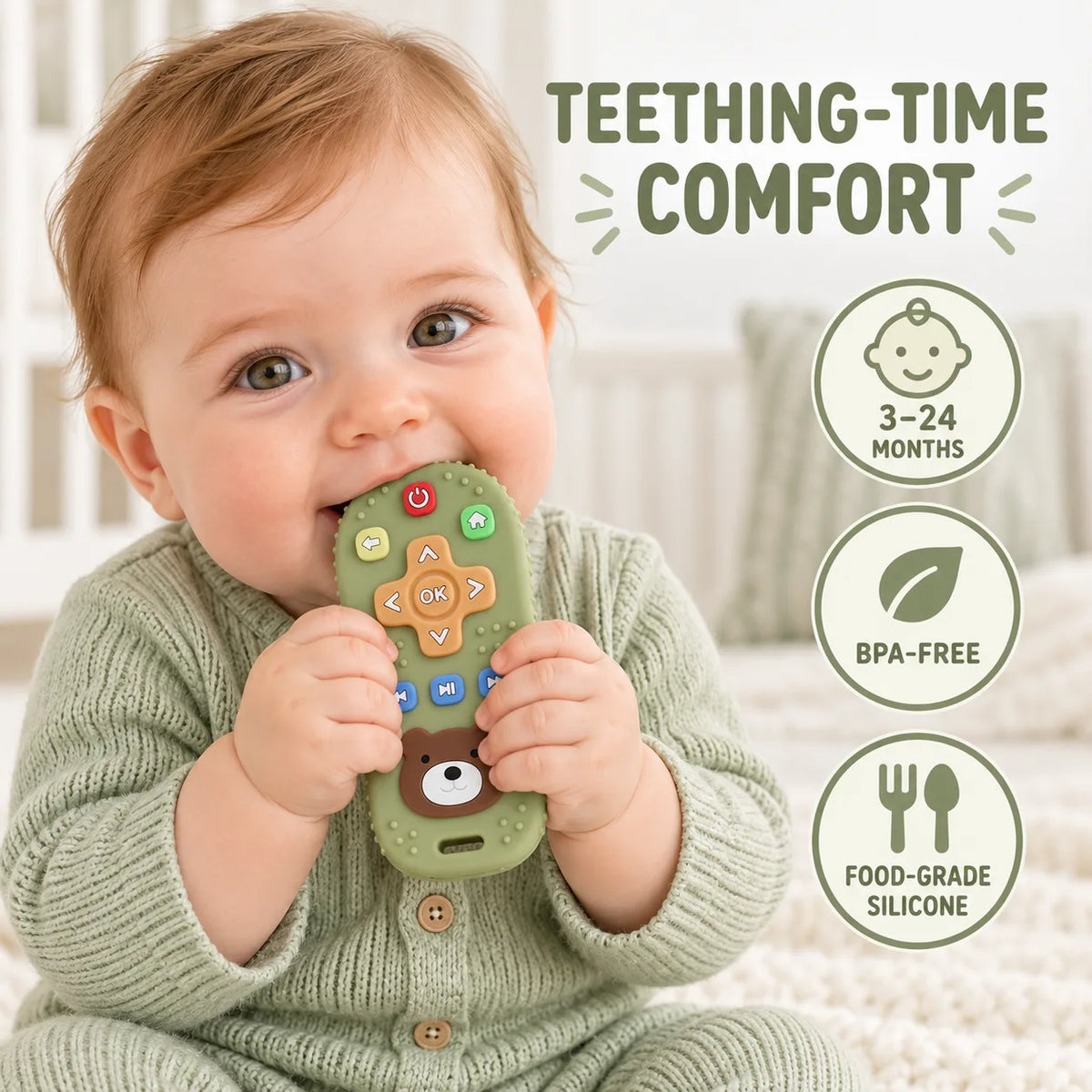 A baby wearing a light green knit outfit holds and chews on a Tipi Tipi Tap Silicone Baby Remote Teether shaped like a remote control. The image includes text reading 'TEETHING-TIME COMFORT' and three circular badges stating '3-24 MONTHS', 'BPA-FREE', and 'FOOD-GRADE SILICONE'.