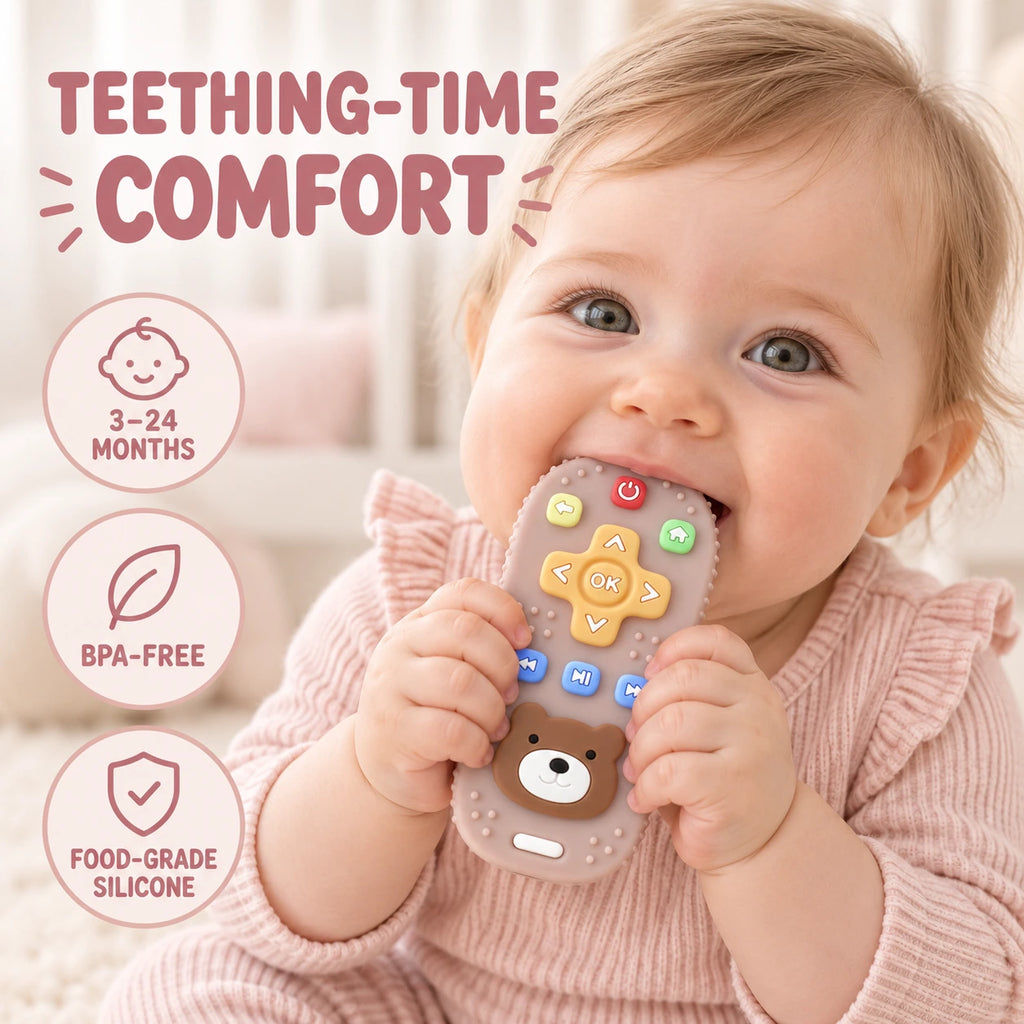 A baby in a pink ribbed sweater holds and bites a Tipi Tipi Tap Silicone Baby Remote Teether shaped like a smartphone with a bear face. The image includes marketing text reading 'TEETHING-TIME COMFORT' and feature badges for 3-24 months, BPA-free, and food-grade silicone.