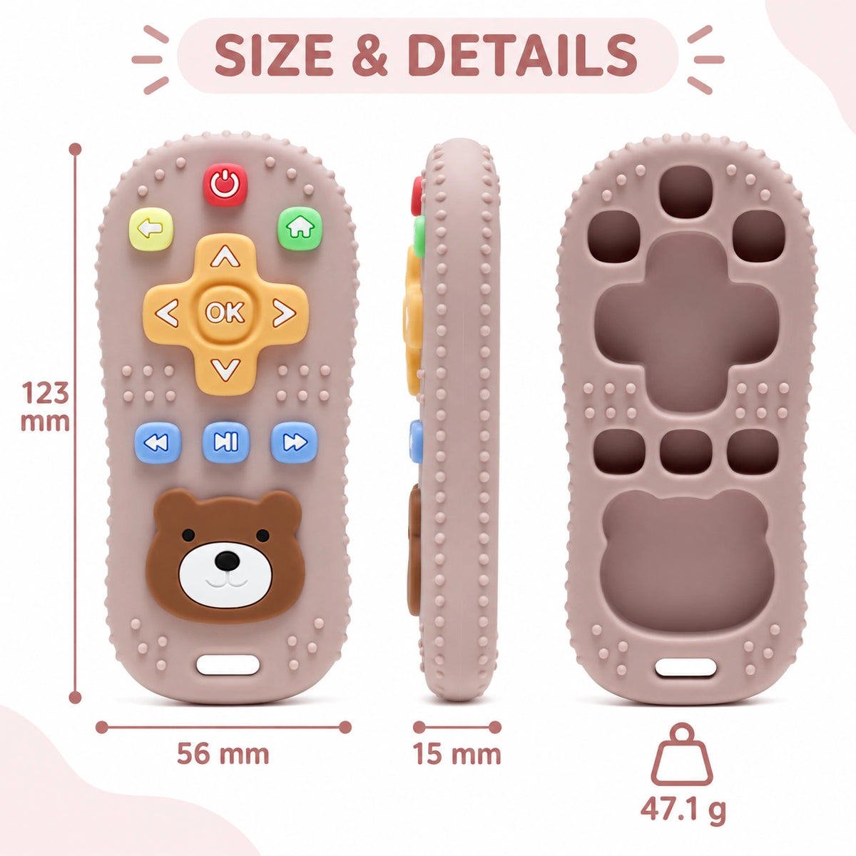 Tipi Tipi Tap Silicone Baby Remote Teether shown from three angles with size measurements and weight printed on a light pink background. The teether is dusty pink with a textured dotted border, a brown bear face on the front, and colorful button cutouts in yellow, green, blue, and orange.