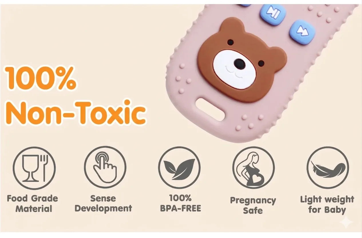 Tipi Tipi Tap Silicone Baby Remote Teether with bear design and safety features icons and text "100% Non-Toxic" on a beige background.