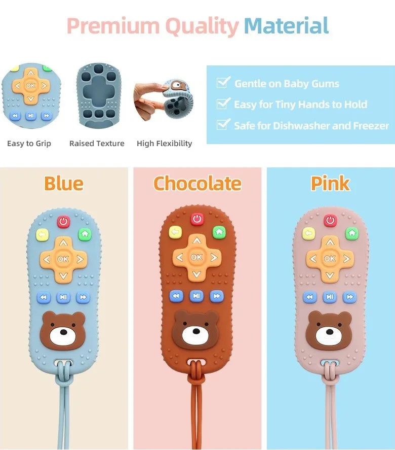 Three colorful Tipi Tipi Tap remote teether toys with bear faces on a promotional graphic for premium quality material.