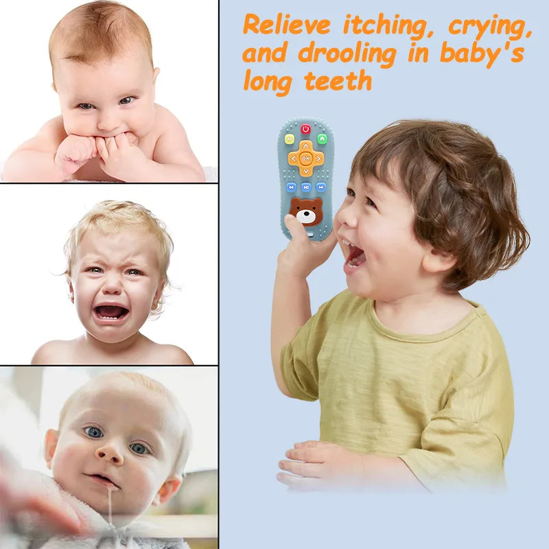 Child holding a Tipi Tipi Tap remote control teether toy with text about relieving baby symptoms, surrounded by images of babies with various expressions.