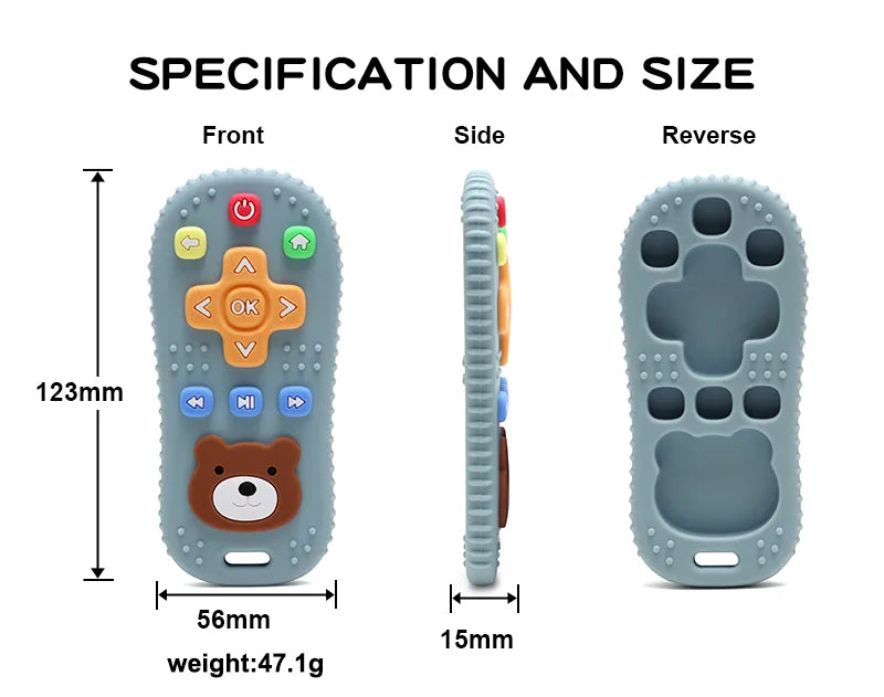 Measurement chart of a blue Tipi Tipi Tap remote control teether toy with a bear face, showing front, side, and reverse views.