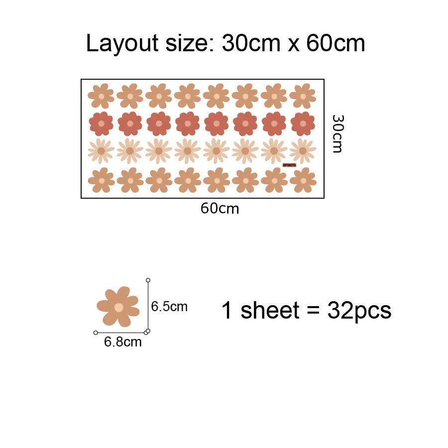 Measurement chart showing layout size, dimensions of a single sheet, and quantity per sheet for decorative elements.