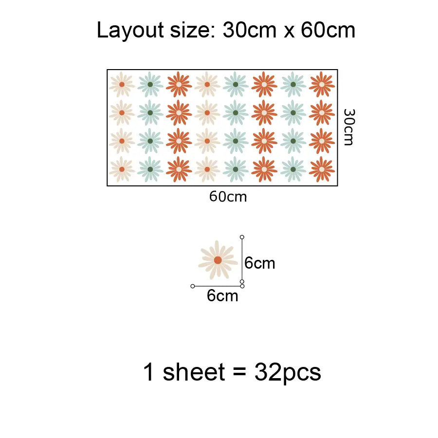 Diagram showing a layout of Pumkins flower-shaped stickers with dimensions and quantity information.