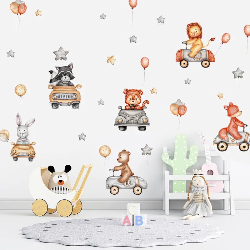 Children's room with Tipi Tipi Tap Road Trip Adventure Animals wall stickers and toys on a white floor.