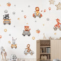 Children's room with Tipi Tipi Tap Road Trip Adventure Animals wall sticker and a wooden shelf.