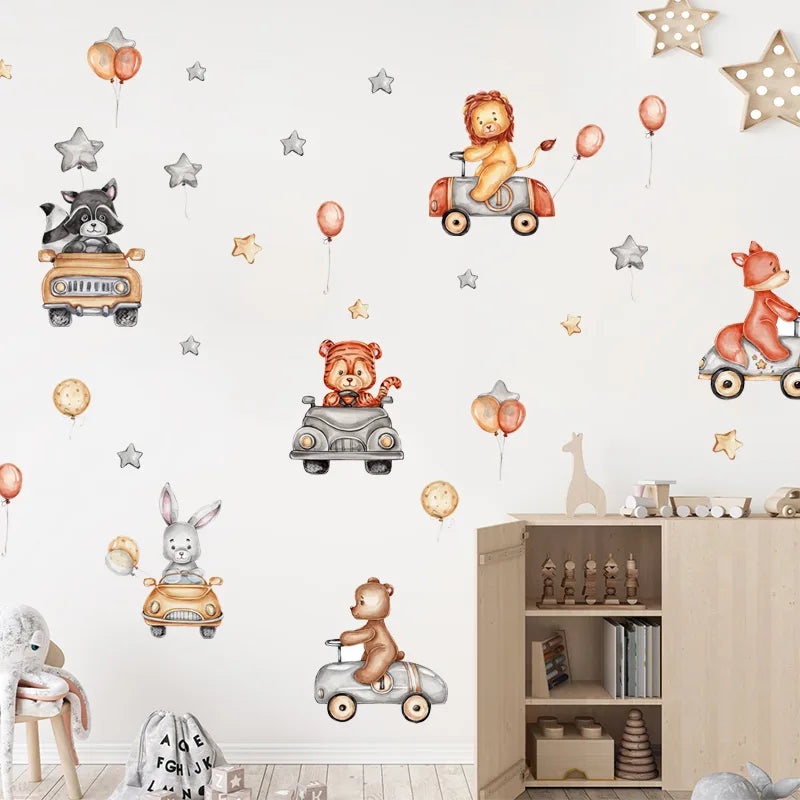 Children's room with Tipi Tipi Tap Road Trip Adventure Animals wall sticker and a wooden shelf.