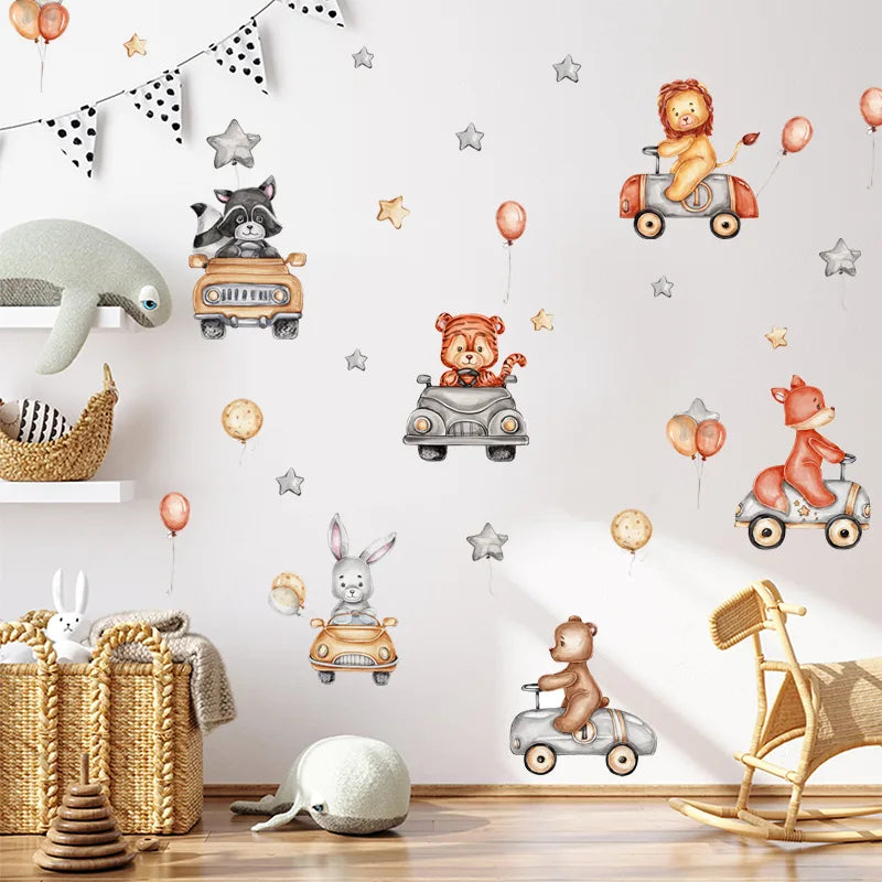 Children's room with Tipi Tipi Tap animal-themed wall stickers and toys on a light gray wall.